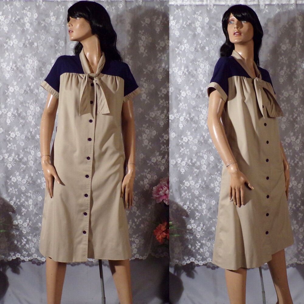 Vintage 70s Shirt Dress Size Medium Tan Navy Bow Tie Secretary Colorblock Midi